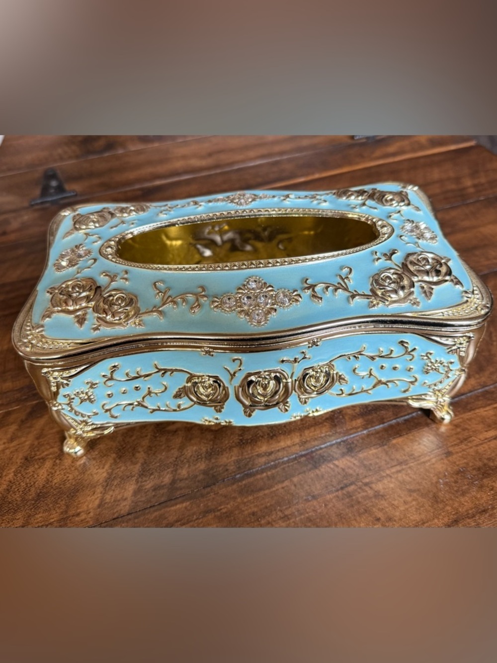 Ornate Tiffany Blue and Gold Floral Tissue Box Cover